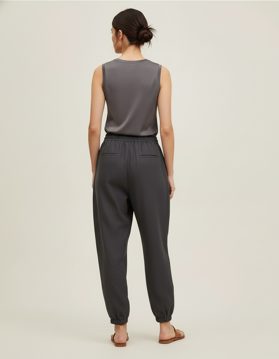 Pantalon Baggy Gris Anthracite Lin Ample Cordon Fluide - vue 2