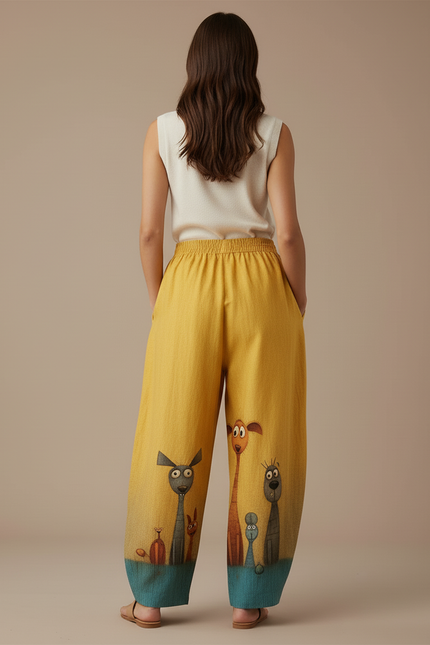 Pantalon Baggy Jaune Imprimé Animaux Ample Confortable - Lin - vue 2