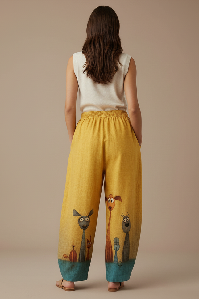 Pantalon Baggy Jaune Imprimé Animaux Ample Confortable - Lin - vue 2