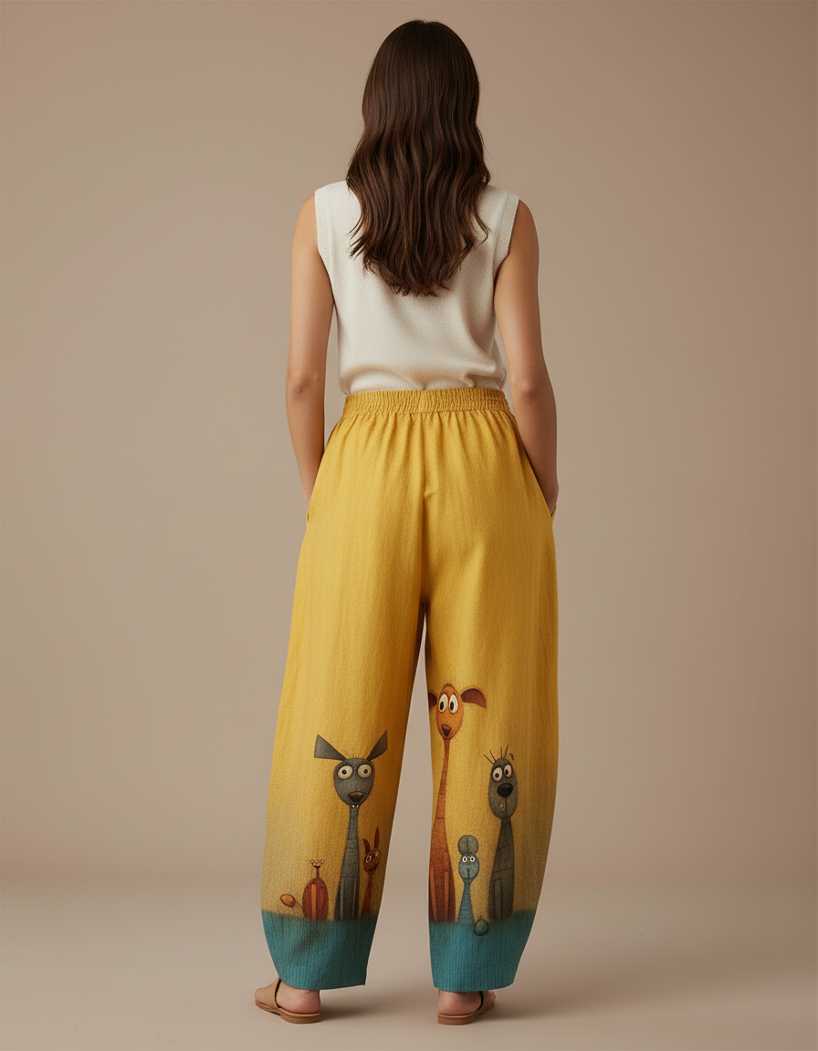 Pantalon Baggy Jaune Imprimé Animaux Ample Confortable - Lin - vue 2