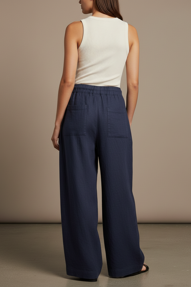 Pantalon Baggy Bleu Marine Ample Lin Cordon Décontracté - vue 2