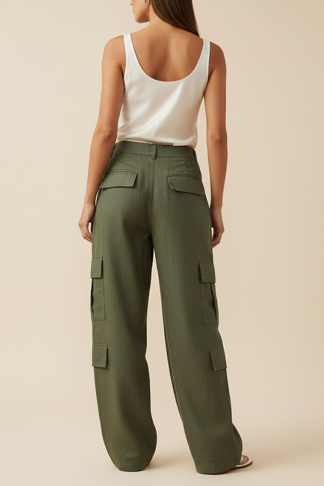 Pantalon Baggy Vert Kaki Ample Cargo Taille Haute Femme - Lin - vue 2