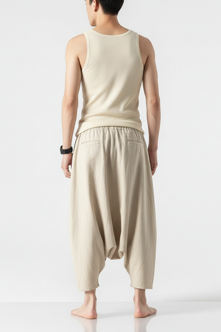Pantalon Baggy Beige Lin Ample Décontracté Boutons - vue 2