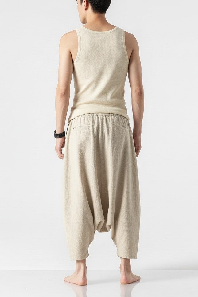 Pantalon Baggy Beige Lin Ample Décontracté Boutons - vue 2