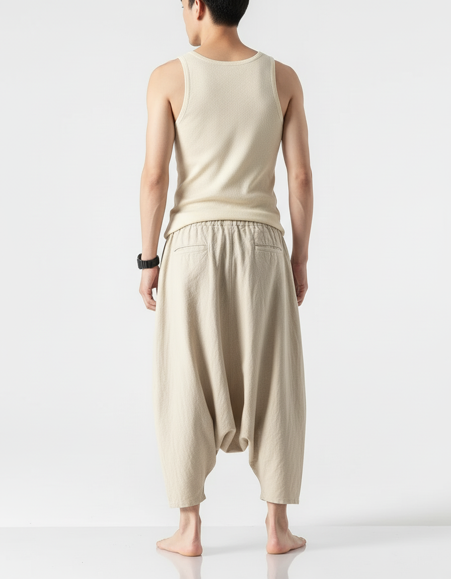 Pantalon Baggy Beige Lin Ample Décontracté Boutons - vue 2