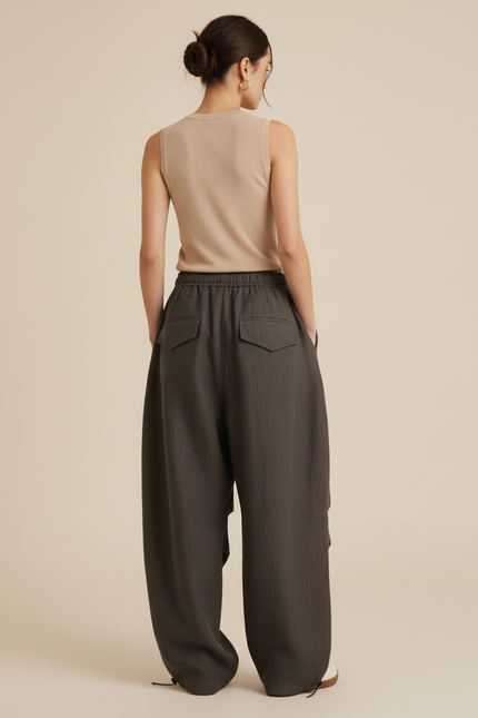 Pantalon Baggy Gris Ample Fluide Poches - Lin - vue 2