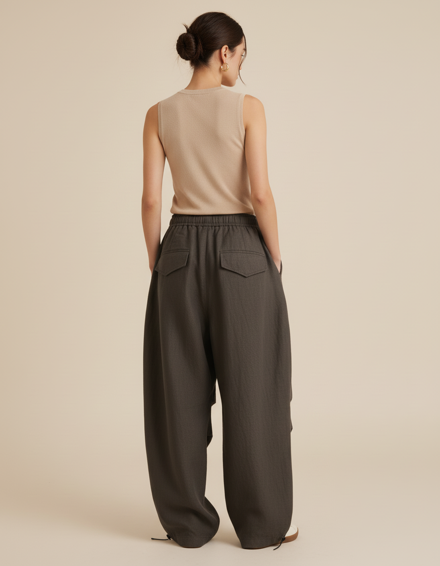 Pantalon Baggy Gris Ample Fluide Poches - Lin - vue 2