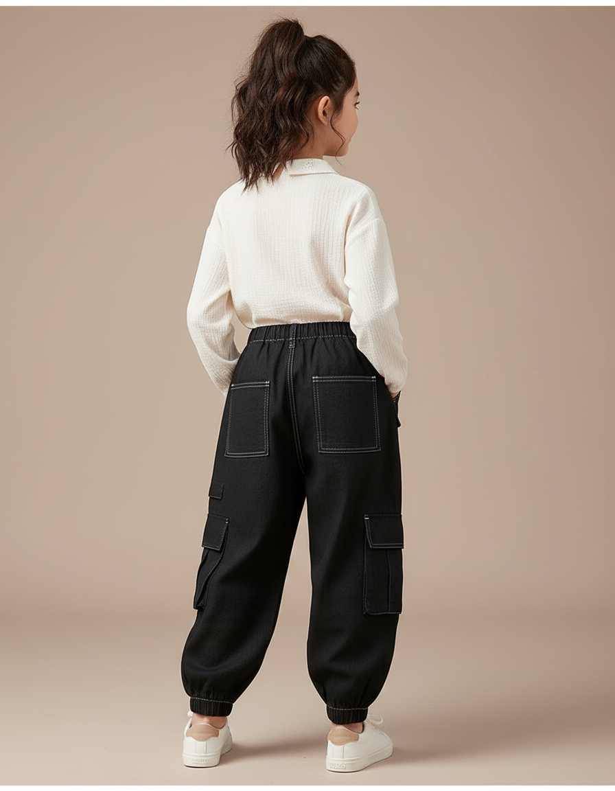 Pantalon Baggy Noir Cargo Décontracté Enfant Coton - Jean - vue 2