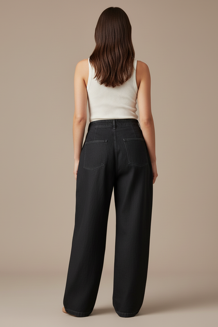 Pantalon Baggy Noir Denim Plissé Ample Femme - Jean - vue 2