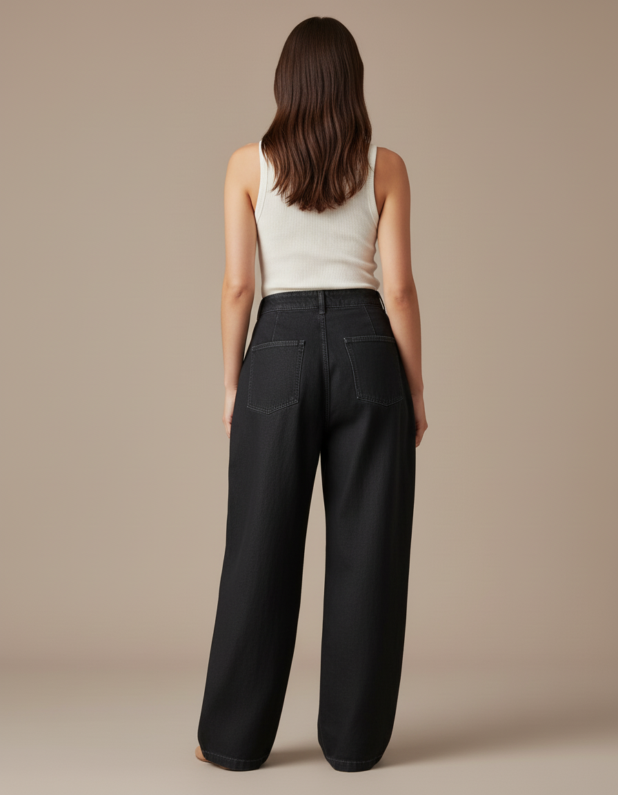 Pantalon Baggy Noir Denim Plissé Ample Femme - Jean - vue 2