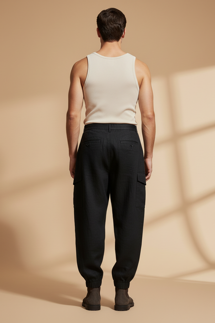 Pantalon Baggy Noir Lin Cargo Plissé Homme - vue 2