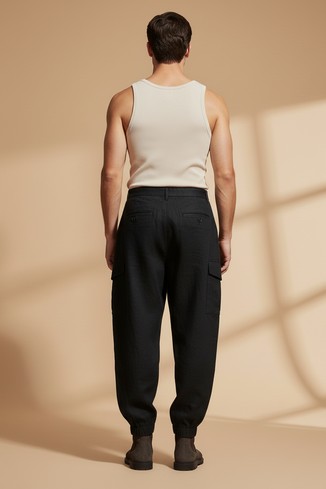 Pantalon Baggy Noir Lin Cargo Plissé Homme - vue 2