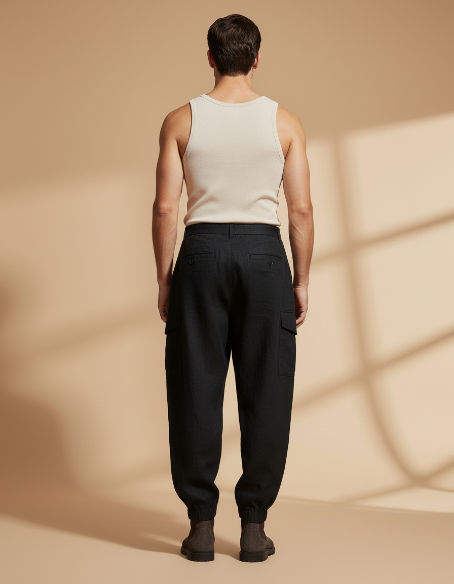 Pantalon Baggy Noir Lin Cargo Plissé Homme - vue 2