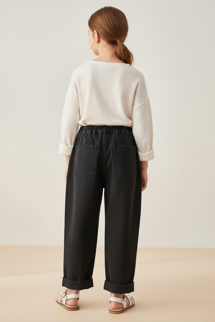 Pantalon Baggy Noir Ample Plissé Denim Fille - Jean - vue 2