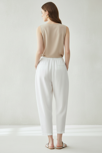 Pantalon Baggy Blanc Lin Ample Taille Haute Décontracté - vue 2