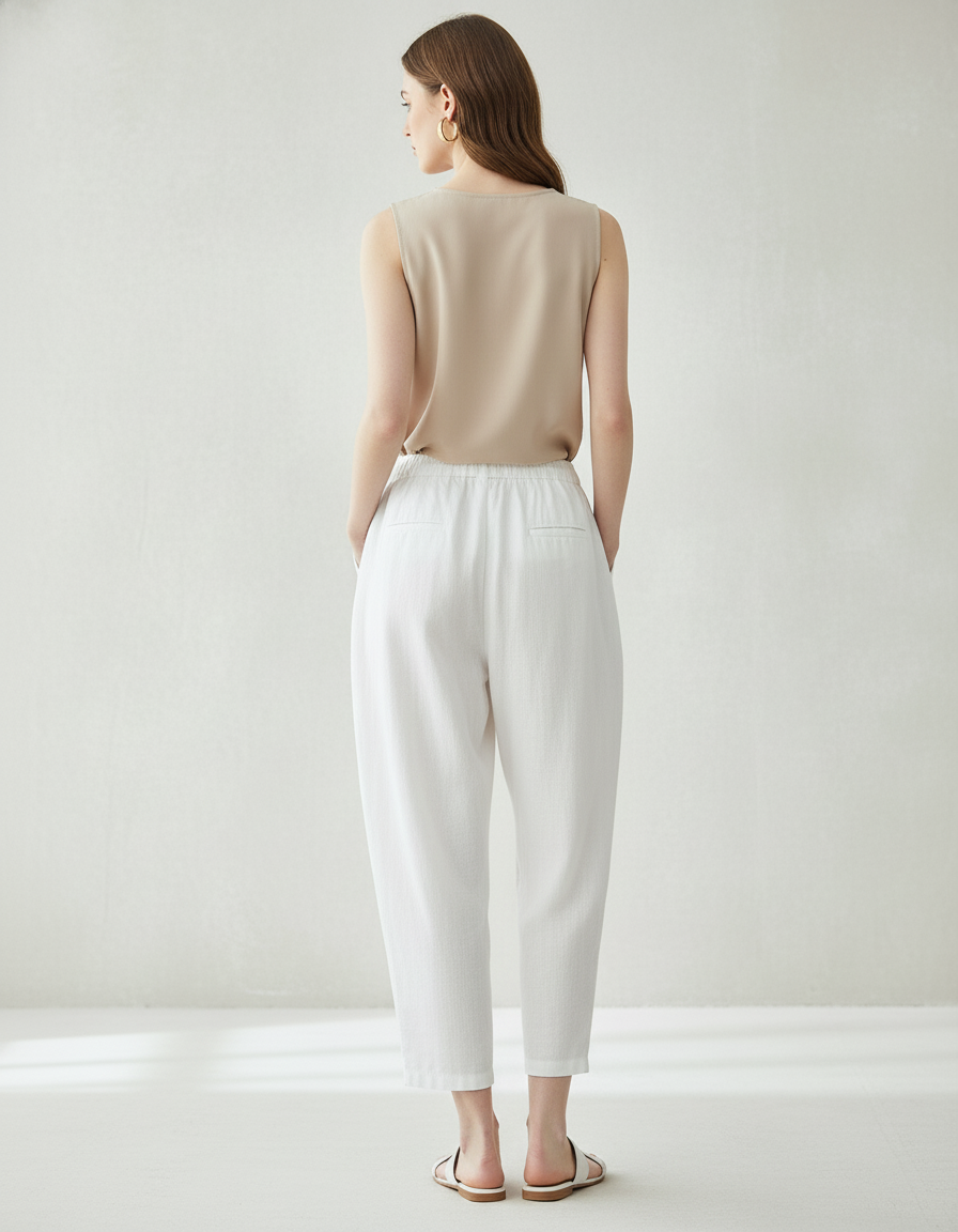 Pantalon Baggy Blanc Lin Ample Taille Haute Décontracté - vue 2