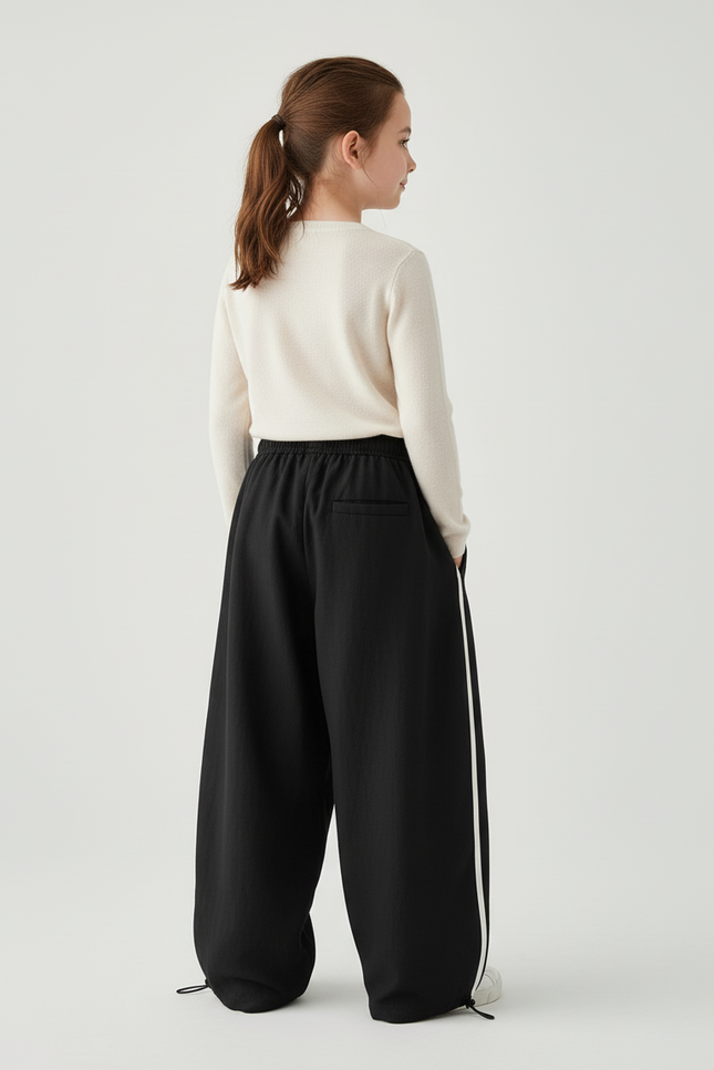 Pantalon Baggy Noir Ample Cordon Rayure Latérale - Polyester - vue 2