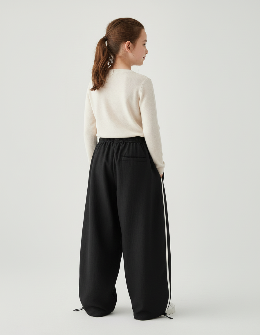 Pantalon Baggy Noir Ample Cordon Rayure Latérale - Polyester - vue 2