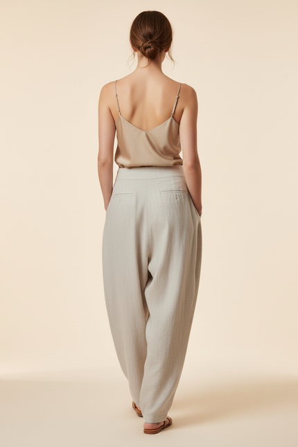 Pantalon Baggy Gris Clair Lin Ample Plissé Femme - vue 2
