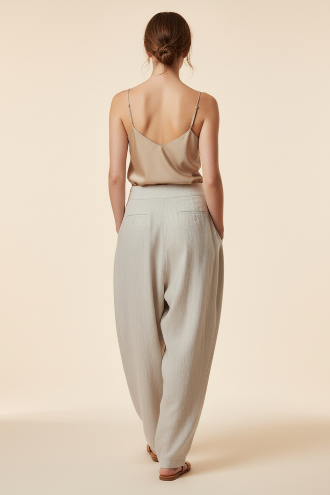 Pantalon Baggy Gris Clair Lin Ample Plissé Femme - vue 2