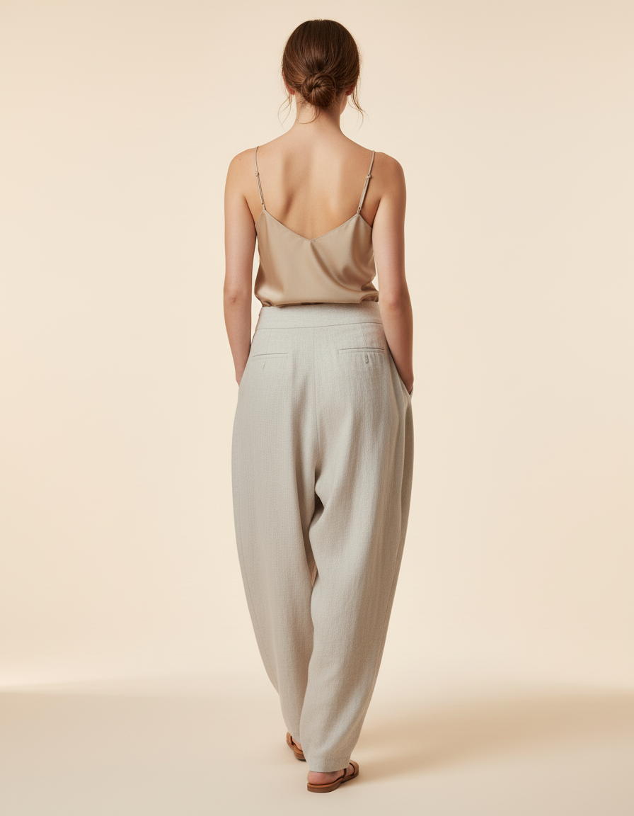 Pantalon Baggy Gris Clair Lin Ample Plissé Femme - vue 2