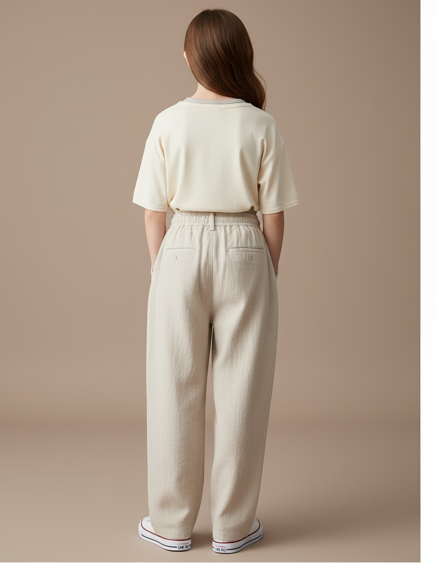 Pantalon Baggy Beige Lin Ample Cordon Décontracté - vue 2