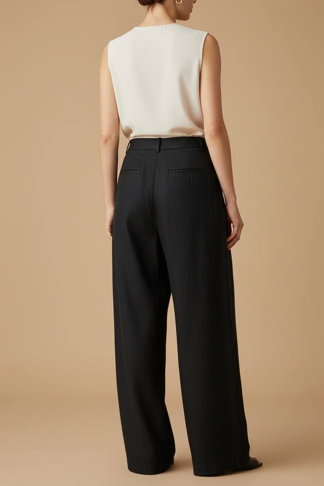 Pantalon Baggy Noir Ample Taille Haute Droit Élégant - Lin - vue 2