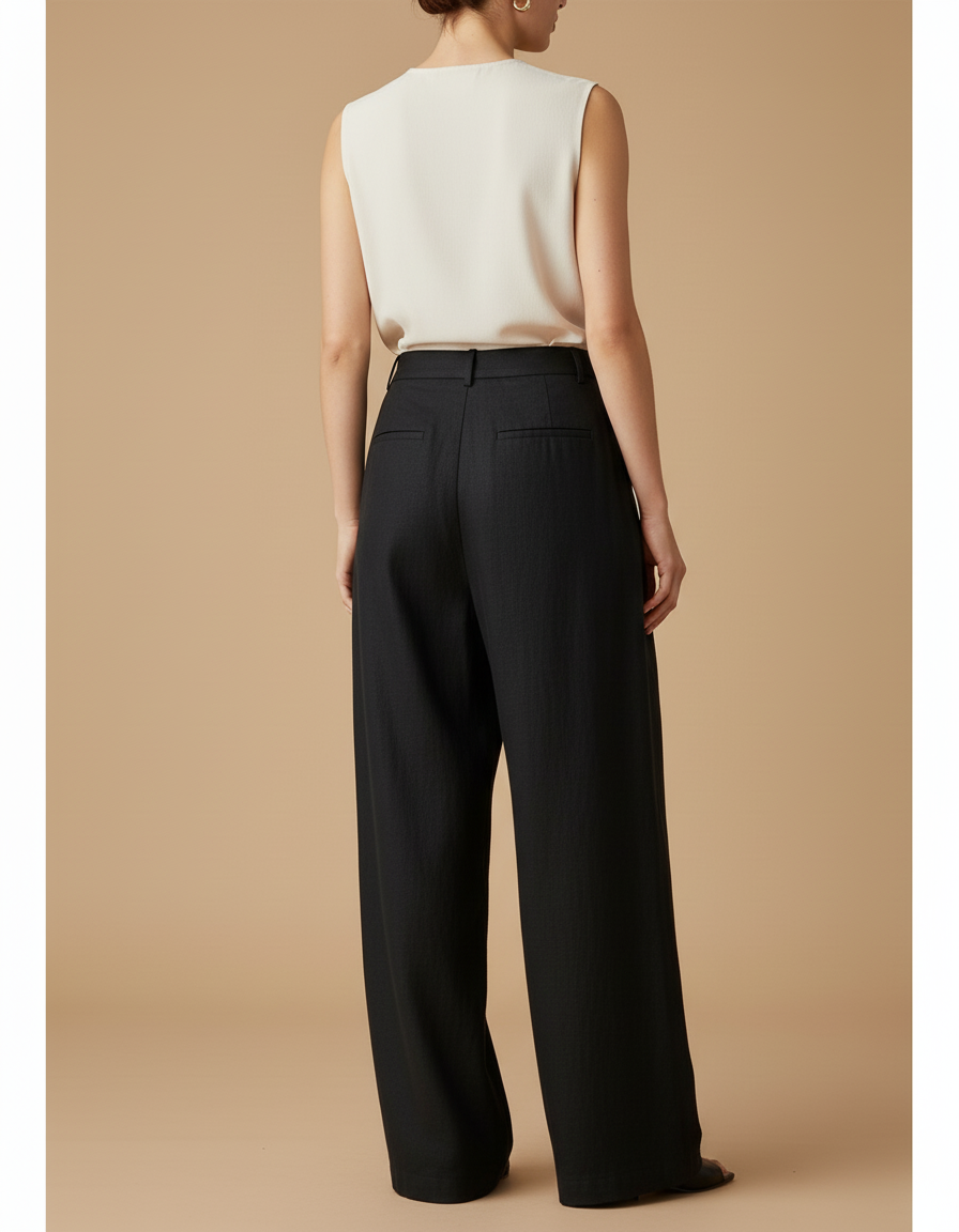Pantalon Baggy Noir Ample Taille Haute Droit Élégant - Lin - vue 2