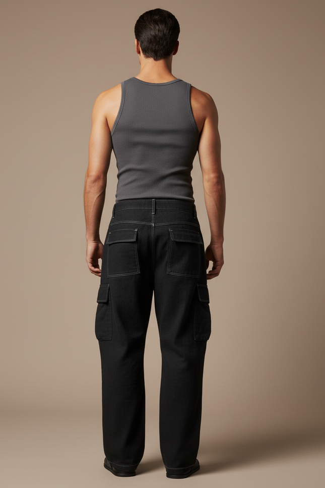 Pantalon Baggy Noir Ample Cargo Couture Utilité - Jean - vue 2