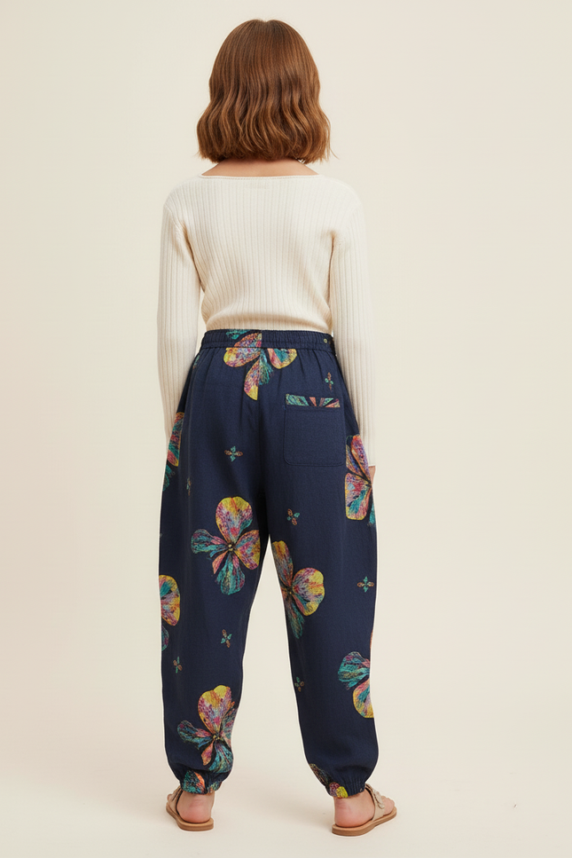 Pantalon Baggy Bleu Marine Ample Fleuri Imprimé Fille - Lin - vue 2