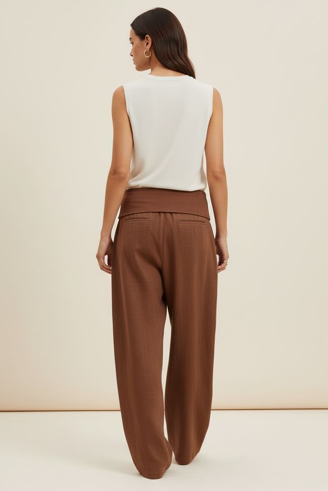 Pantalon Baggy Marron Ample Taille Basse Décontracté - Lin - vue 2
