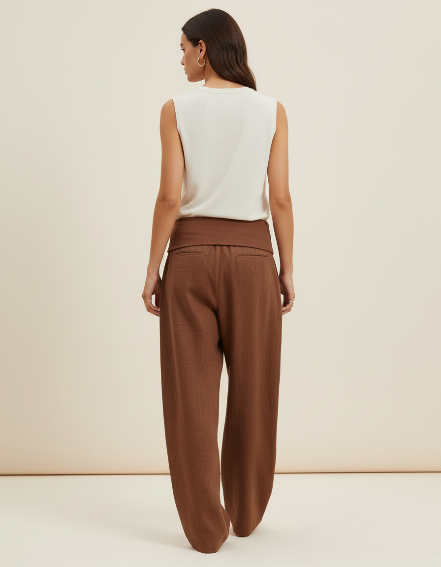 Pantalon Baggy Marron Ample Taille Basse Décontracté - Lin - vue 2