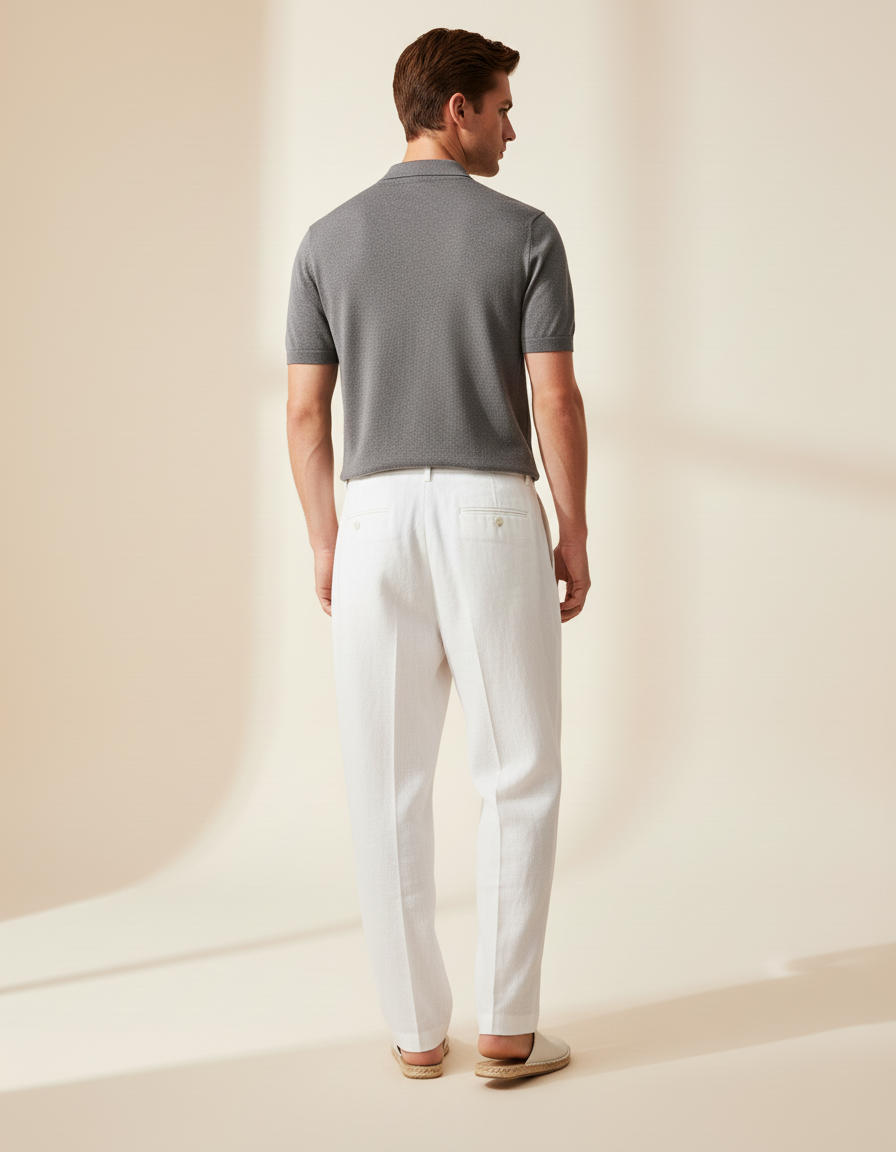 Pantalon Baggy Blanc Lin Plissé Droit Décontracté Homme - vue 2