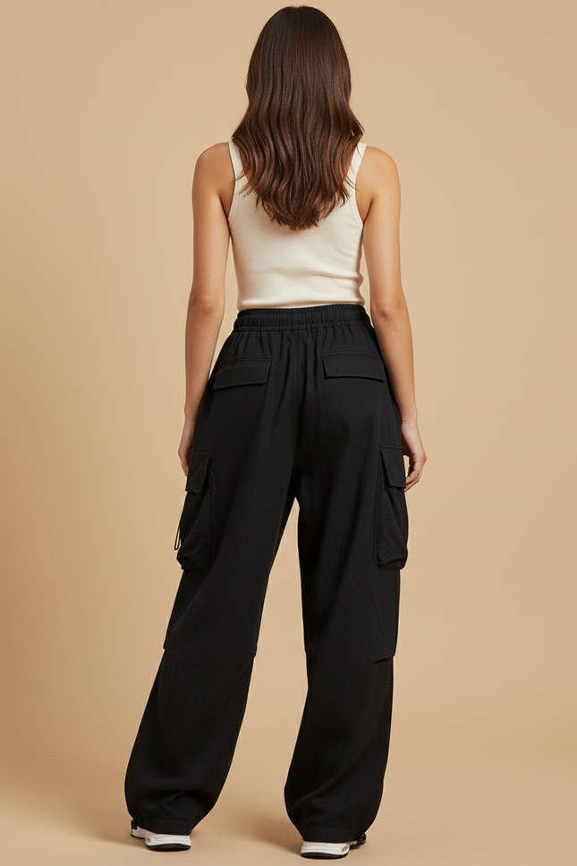 Pantalon Baggy Noir Cargo Ample Cordon Décontracté - Toile - vue 2