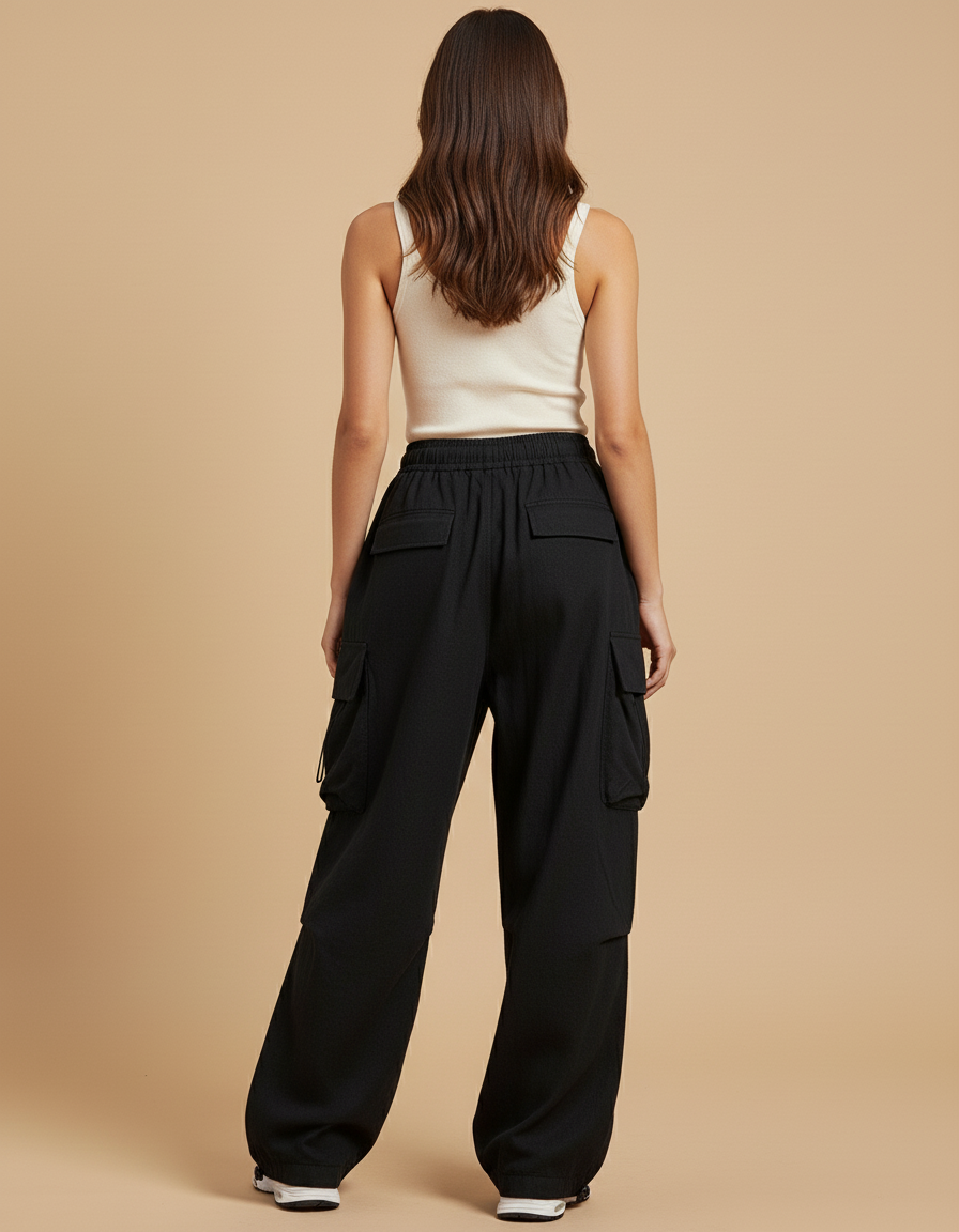 Pantalon Baggy Noir Cargo Ample Cordon Décontracté - Toile - vue 2