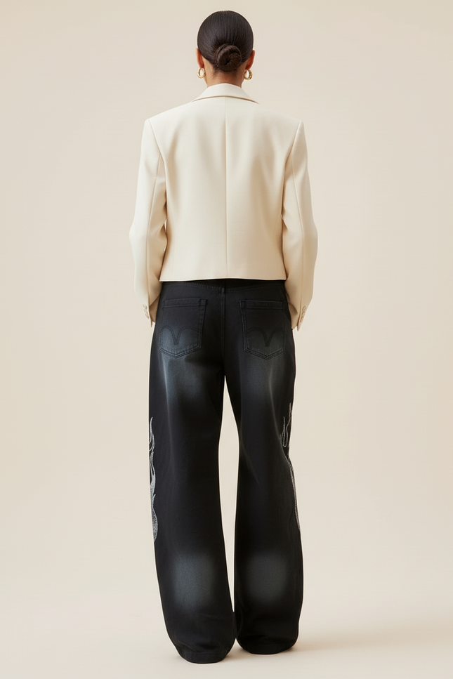Pantalon Baggy Noir Brodé Streetwear Ample Décontracté - Molleton - vue 2