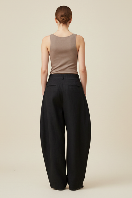 Pantalon Baggy Noir Ample Lin Plissé Taille Haute - vue 2