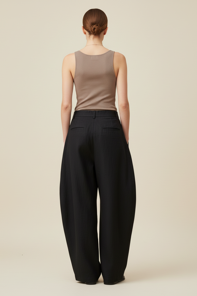 Pantalon Baggy Noir Ample Lin Plissé Taille Haute - vue 2