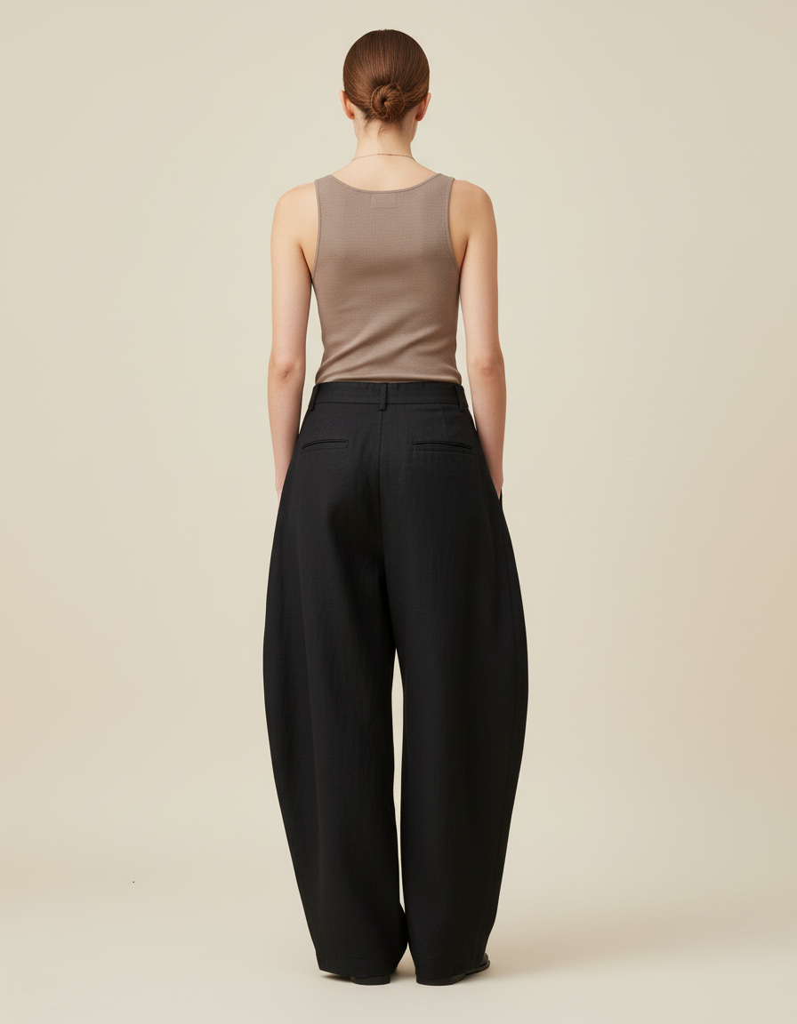 Pantalon Baggy Noir Ample Lin Plissé Taille Haute - vue 2