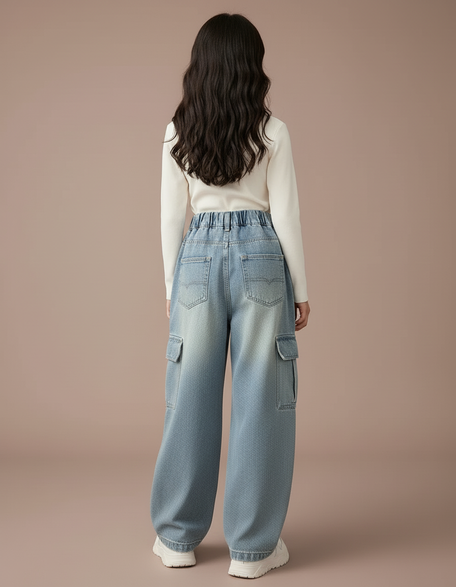Pantalon Baggy Jean Bleu Décontracté Ample Fille - vue 2