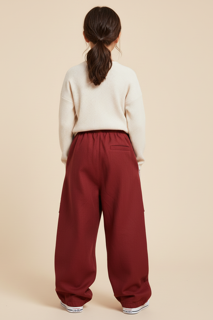 Pantalon Baggy Rouge Cargo Rayures Blanches Enfant - Bordeaux Molleton - vue 2