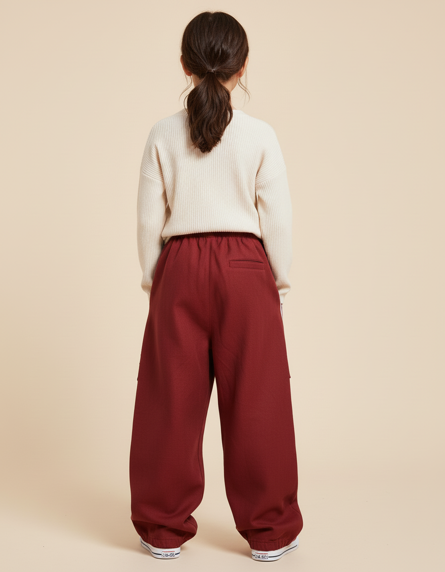 Pantalon Baggy Rouge Cargo Rayures Blanches Enfant - Bordeaux Molleton - vue 2