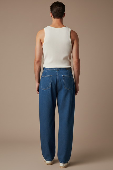 Pantalon Baggy Jean Bleu Ample Plissé Décontracté Homme - vue 2
