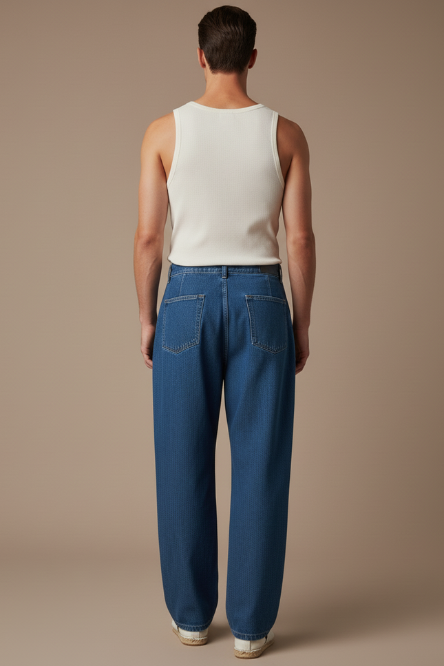Pantalon Baggy Jean Bleu Ample Plissé Décontracté Homme - vue 2