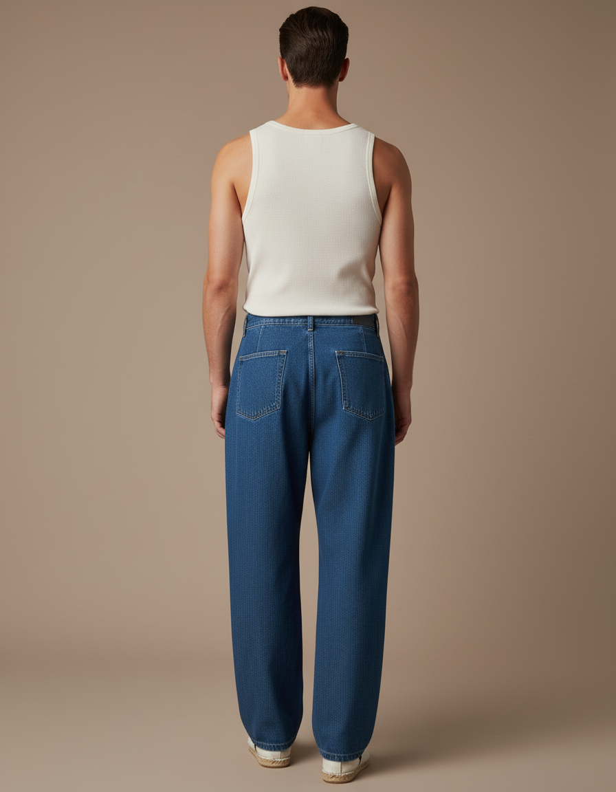 Pantalon Baggy Jean Bleu Ample Plissé Décontracté Homme - vue 2