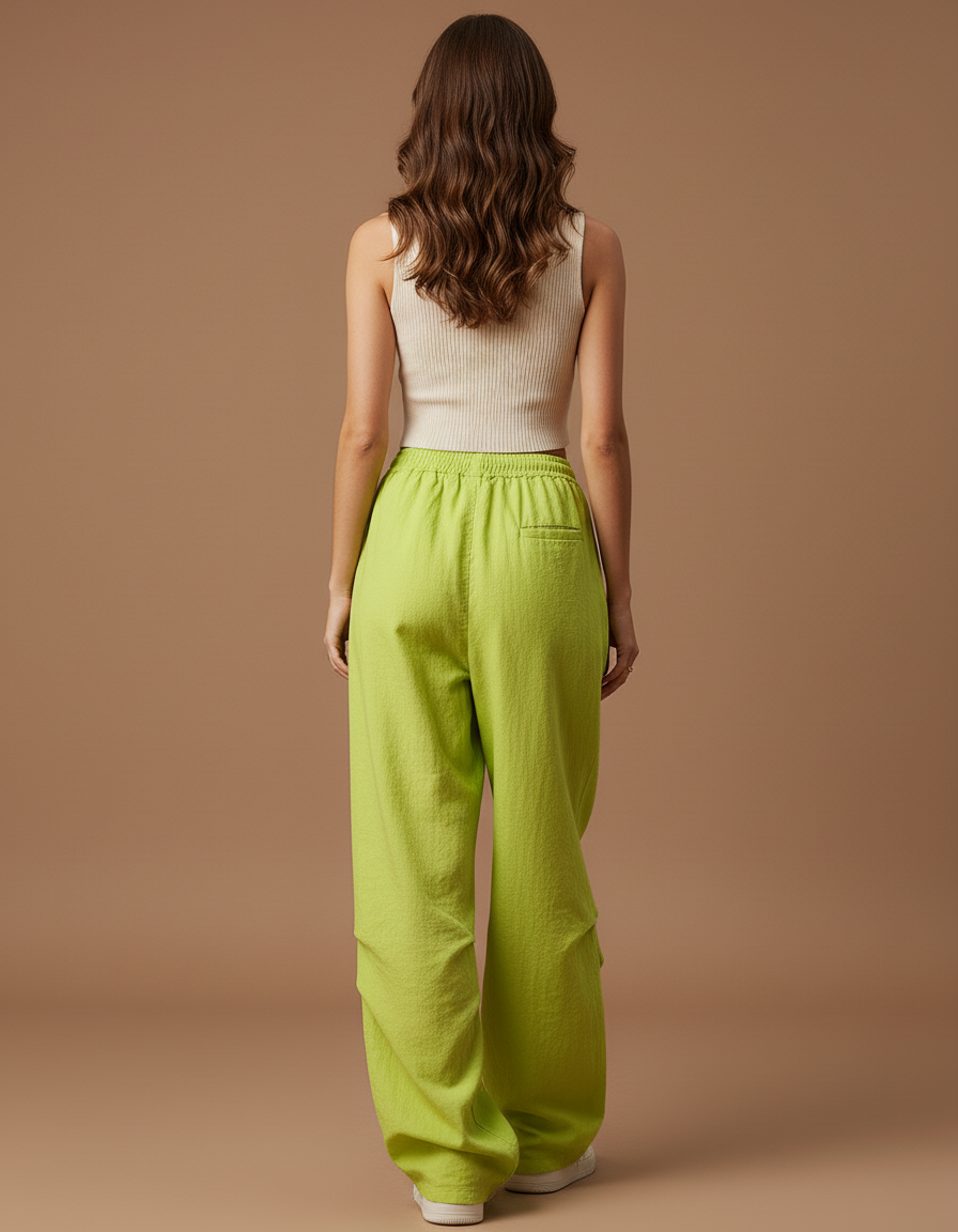 Pantalon Baggy Vert Fluorescent Ample Décontracté Cordon - Polyester - vue 2