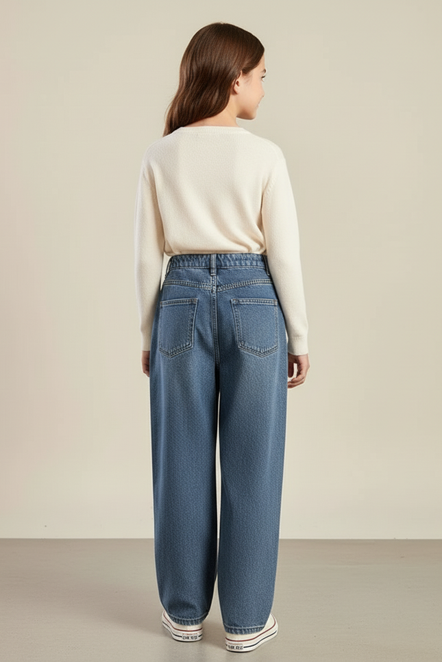 Pantalon Baggy Jean Bleu Ample Plissé Confortable Fille - vue 2