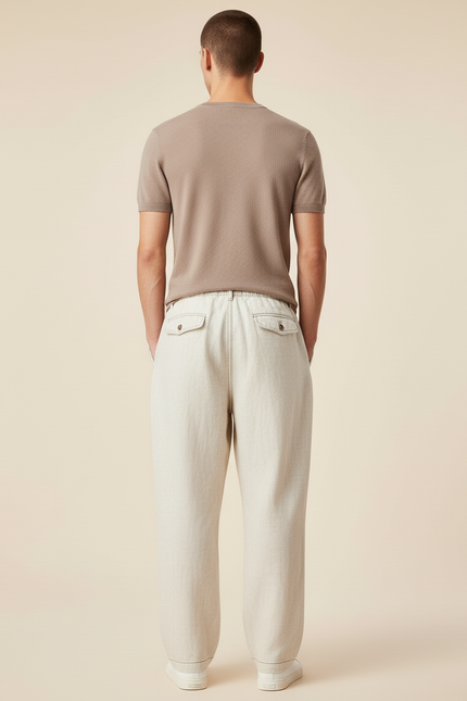 Pantalon Baggy Crème Lin Ample Cordon Homme - Beige - vue 2