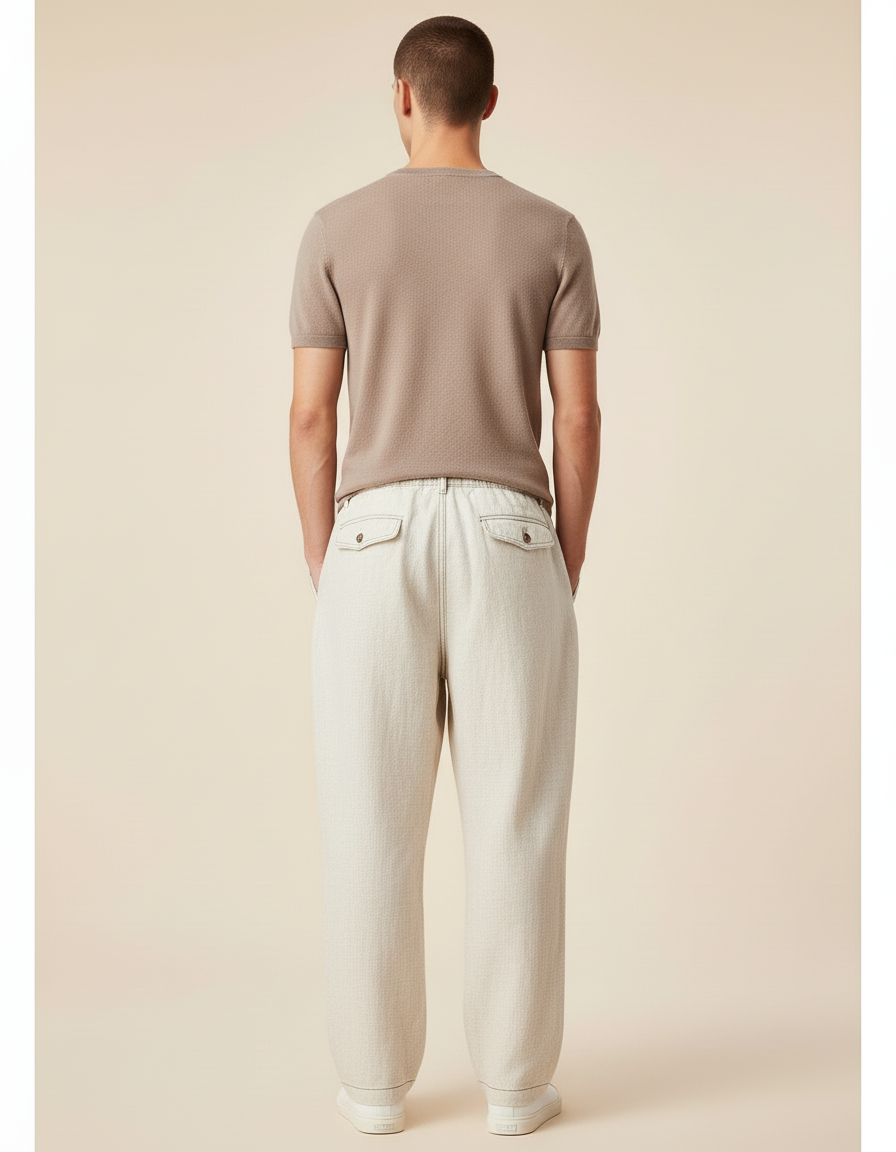Pantalon Baggy Crème Lin Ample Cordon Homme - Beige - vue 2