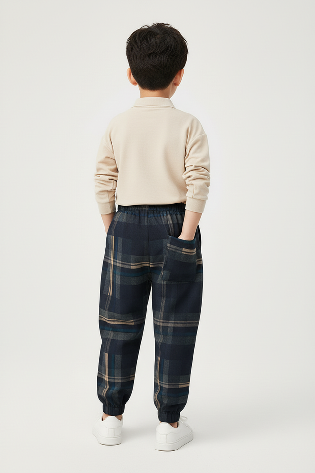 Pantalon Baggy Carreaux Épais Hiver Garçon Décontracté - Marine Tweed - vue 2